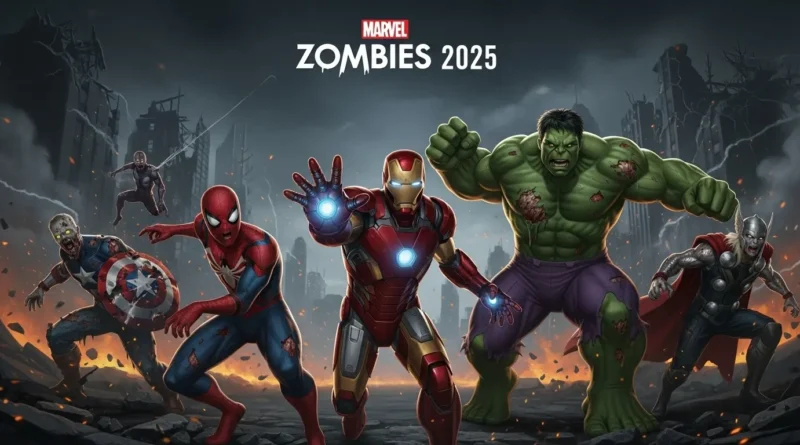 "Marvel Zombies 2025 series featuring zombified Spider-Man, Iron Man, and Hulk in a dark, post-apocalyptic city scene"
